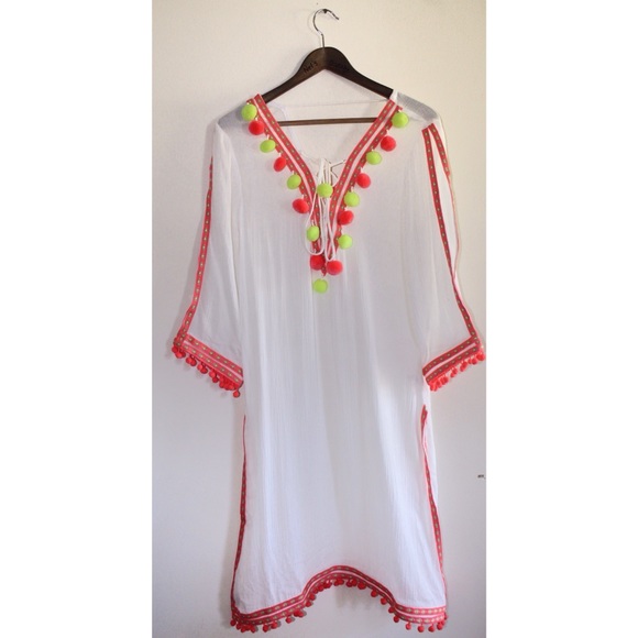 ASOS America & Beyond Grape Pom Beach Dress Caftan - Picture 3 of 10